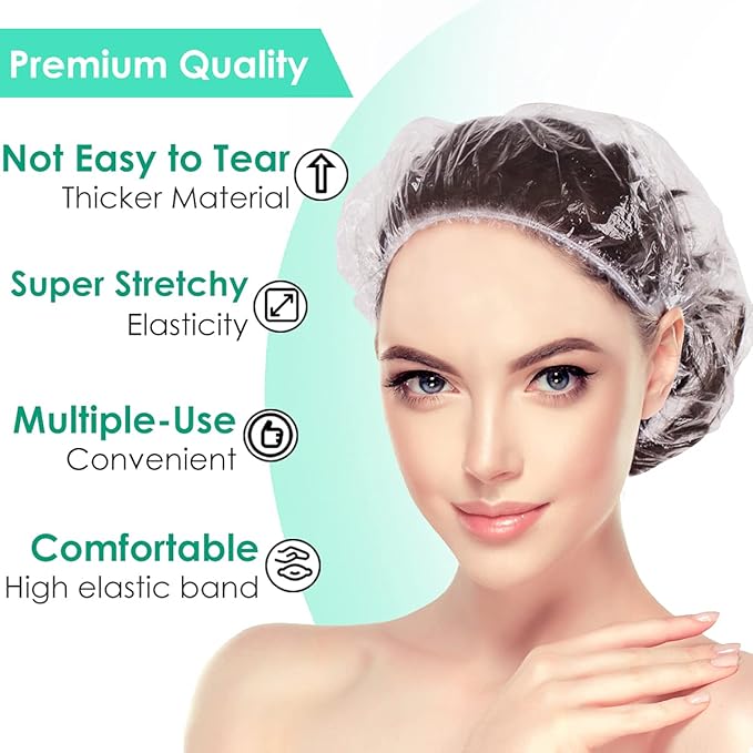 Keeygo Disposable Shower Caps 50 PCS Bath Caps Clear Waterproof Plastic Wraps for Women, Hotel Travel Essentials Accessories Hair Caps(20.5")