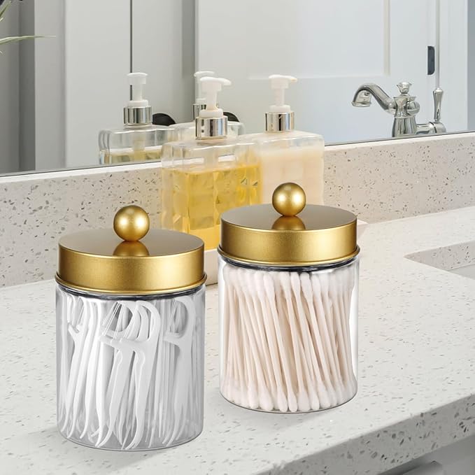 3PC Farmhouse Decor Qtip Holder Apothecary Jars Bathroom Vanity Storage Organizer -Countertop Canister Container &Cute Stickers for Cotton Swab,Ball,Pad,Floss,Paper Clips (Gold,Plastic)