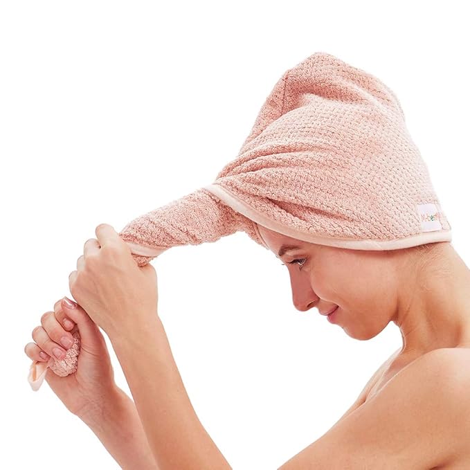 2 Pack Microfiber Hair Towel Wrap,Hair Drying Towel with Button, Hair Towel Turban,Quick Dry,Anti-frizz,Absorbent Head Towel (Pink&Beige)