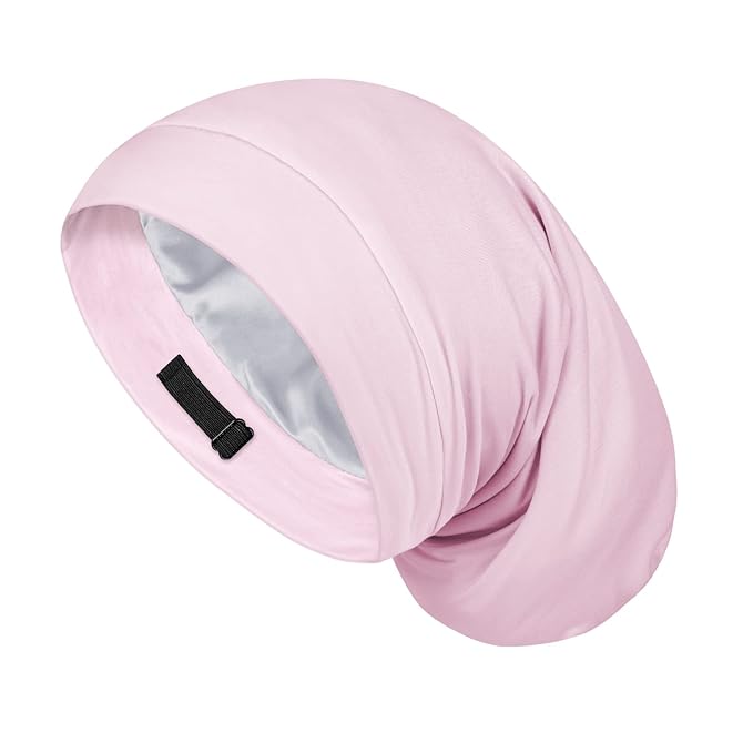 Fittia Satin Hair Bonnet for Sleeping, Silky No Frizzy for Curls Care, Adjustable Strap for Non-Slip, Dreadlocks Cap for Women&Men Pink
