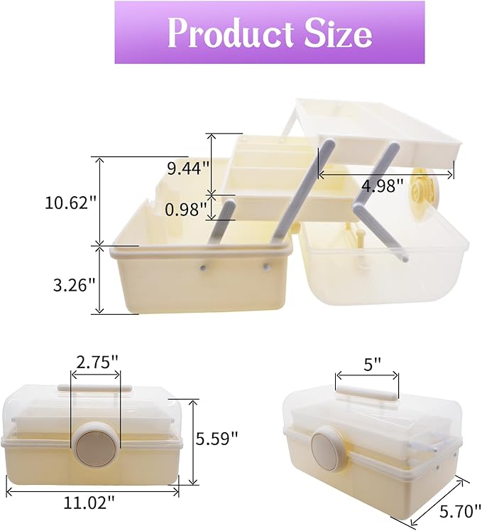 Craft Organizers and Storage,Plastic Box with 3-Tier Fold Tray and Handle,Portable Lockable Container for Arts, Crafts,Cosmetic, Sewing, Toy, Washi Tape(Cream Color)