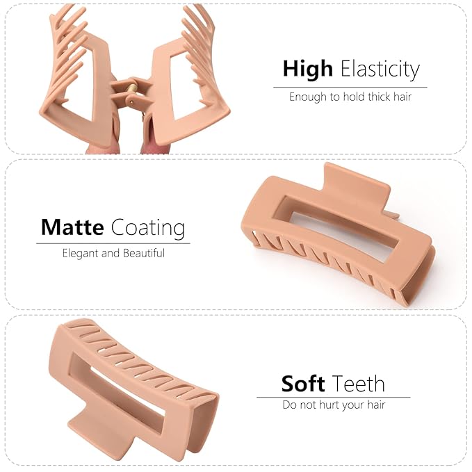 6 Pack Large Claw Clips for Women, Square & Flower Hair Clips for Thick Hair, Matte Neutral Colors