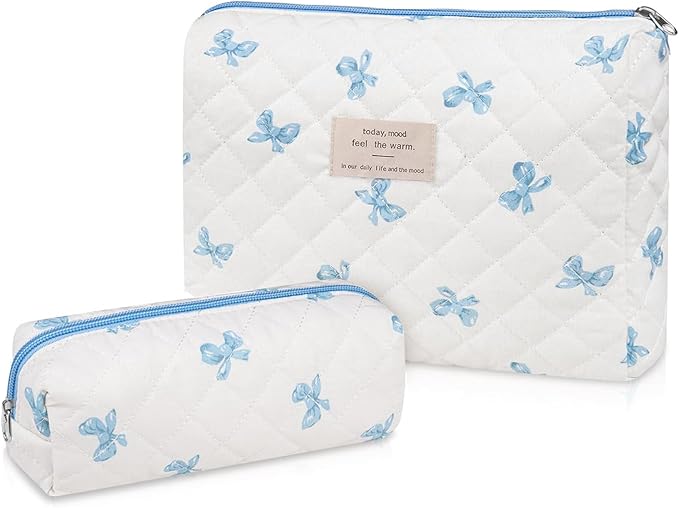 2PC Makeup Bag Set, Cute Cosmetic Bag for Women Girls, Floral Coquette Aesthetic Toiletry Bag, Travel Make Up Organizer Bag (White Blue Butterfly Flower)