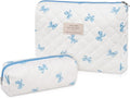 2PC Makeup Bag Set, Cute Cosmetic Bag for Women Girls, Floral Coquette Aesthetic Toiletry Bag, Travel Make Up Organizer Bag (White Blue Butterfly Flower)