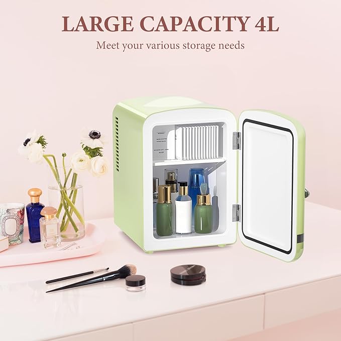 Xbeauty Retro Mini Fridge, Compact Refrigerator with 4L Capacity/6 Cans，Cooler & Warmer, Removable Shelf for Skincare, Beverages, Cosmetics, Perfect for Dorm, Bedroom, Green