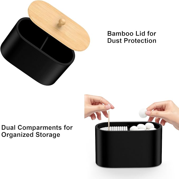 Cotton Swab Holder,Round Cotton Pads Balls Qtip Holder Dispenser with Lid, 2 Compartments Qtips Holder, Tampoms Period Box Bathroom Organizers Storage Bin Floss Dispenser Vanity Cosmetics, Black