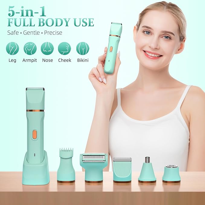 5-in-1 Bikini Trimmer for Women, IPX7 Waterproof Electric Razors Shaver, Cordless Body Hair Trimmer, Facial & Pubic Hair Removal, Ceramic Blade (Pure Green)