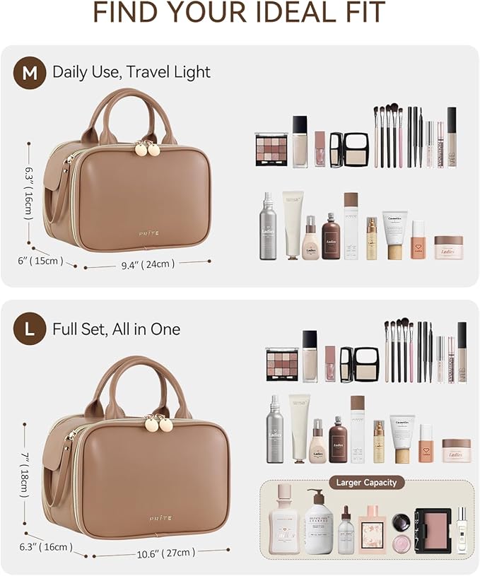 Prite Makeup Bag for Women, Large Capacity Waterproof Travel Cosmetic Organizer, Portable Open Flat Toiletry Bag with Free-standing Brush Holder and Handle(Brown Large)