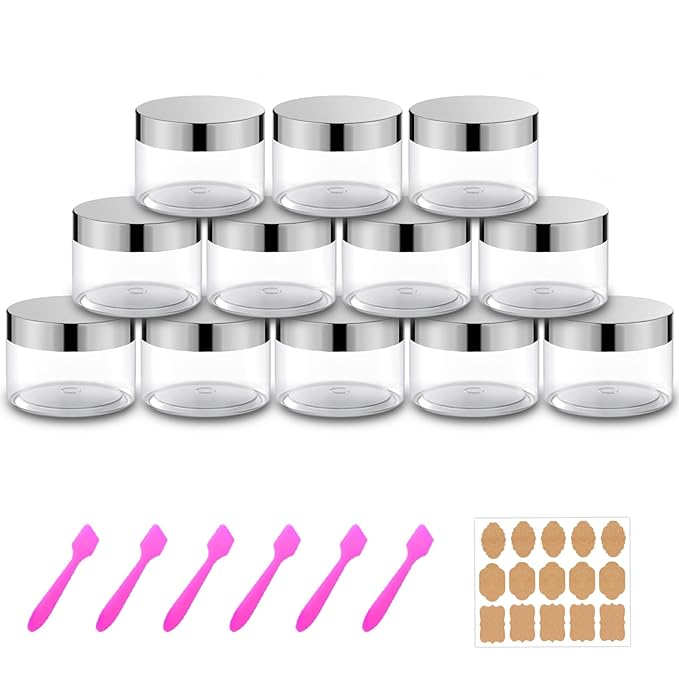 12 Pack 4 oz Plastic Cosmetic Containers With Silver Lids Refillable Clear Empty Travle Jars Containers for Body Butter,Sugar Scrubs,Cream,Lotions,Candy, Label&Spatulas