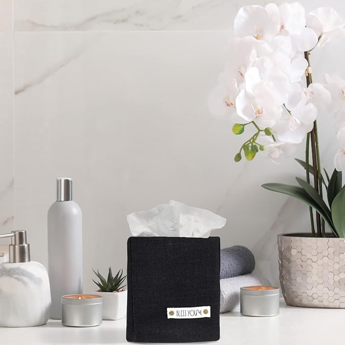 Stylish Tissue Box Cover - This Black Linen Holder Instantly Covers Your Square Tissue Boxes - The Perfect Cube Cover for Your Bathroom and Home