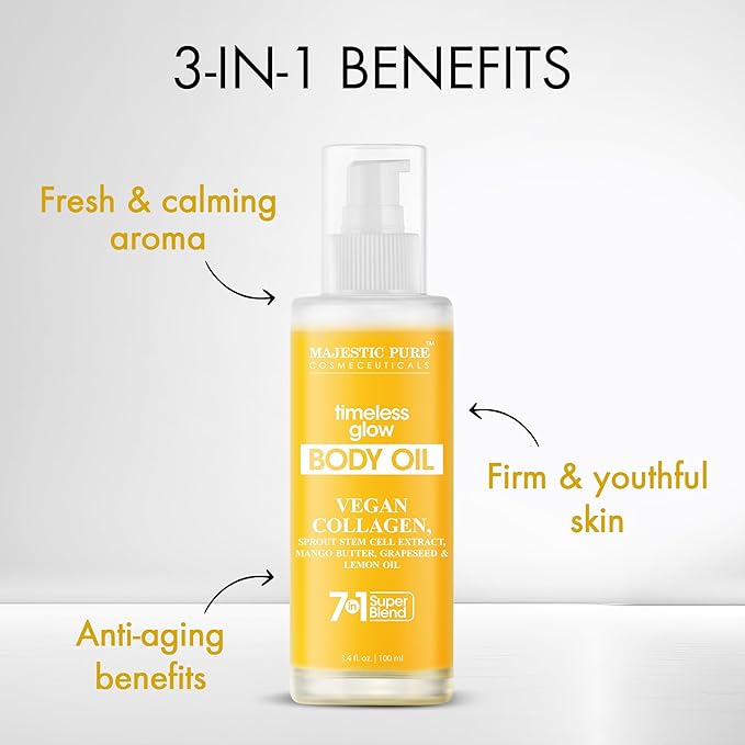 Majestic Pure Timeless Glow Body Oil -100% Pure & Natural Vegan Collagen with Grapeseed, Jojoba, Lemon Oil -After Shower Body Oils for Women and Men - Scented, Radiant, Firming Massage Oil - 3.4 Fl Oz