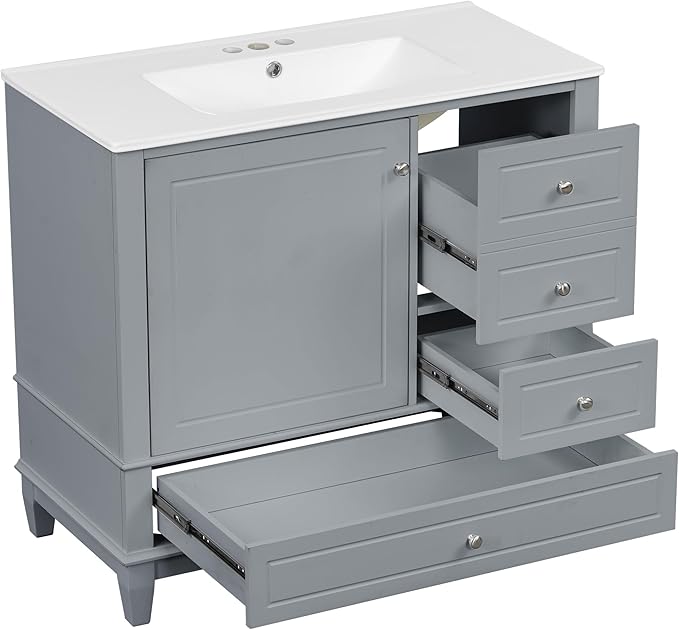 Harper & Bright Designs 36" Bathroom Vanity with Sink, Free Standing Single Vanity Set with 3 Drawers and One Door with Storage Racks, Wooden Storage Cabinet with Ceramic Basin for Bathroom, Grey