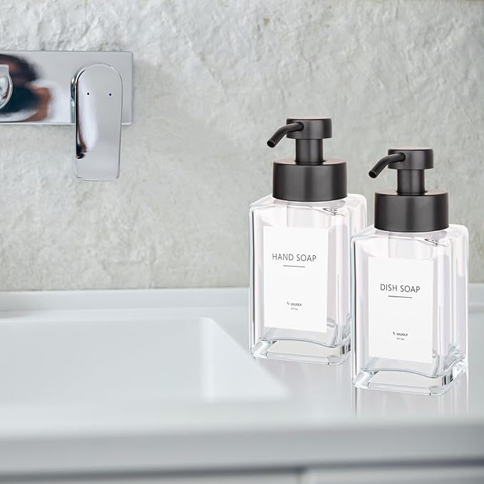 Foaming Soap Dispenser with Stainless Steel Pump, 12oz Refillable Glass Liquid Dish Soap Bottles for Bathroom, Kitchen Sink, Home Decor, 2 Pack