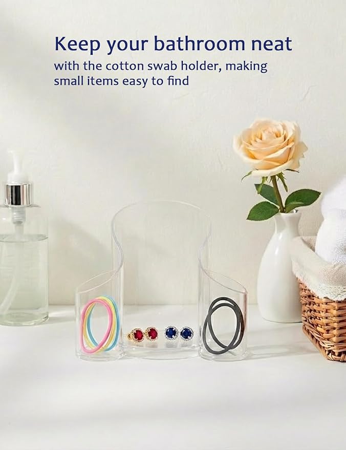Clear 3-Compartment Vanity Organizer & Cotton Swab Holder - Small Plastic Storage Box for Jewelry, Floss Picks & Hair Accessories - Open Front Countertop Display