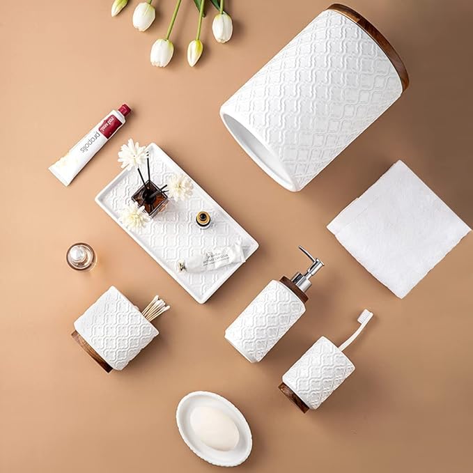 Elegant Bathroom Accessories Set 6 PCS Ceramic and Wood Bathroom Accessory Set Soap Dispenser Toothbrush Holder Tumbler Soap Dish Tray Trash Can Easy to Clean Quatrefoil Pattern White