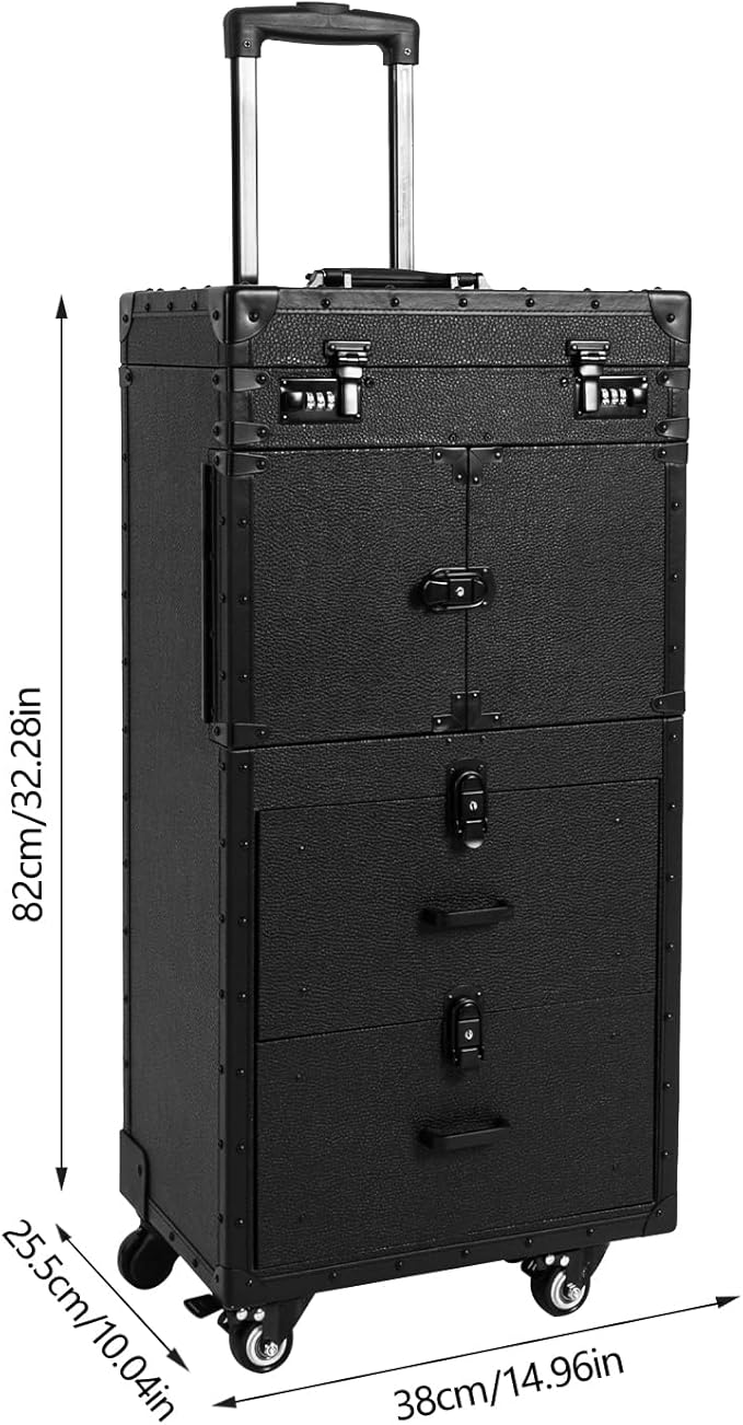 Bepritm Rolling Makeup Case, Large Retro Train Case Hairdressing Trolley with Universal Casters & Combination Lock, Travel Hair Tool Organizer for Barber, Beauty Stores, Nail Salons (Black)