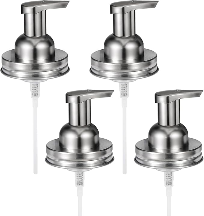 Amolliar Mason Jar Foaming Soap Dispenser Pump, Refillable Plastic Pump, Rustproof Stainless Steel Lid for Regular Mouth Jar, Cute Farmhouse Decor, Soap for Bathroom, Kitchen, Brushed Nickel 4 Pack