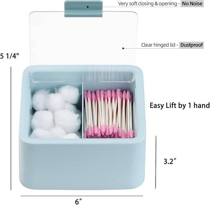 Tecbeauty 2pcs Qtips Holder - Middle Divider Cotton Pads Storage Dispenser Bathroom Organizer with Clear Hinged Lids for Cotton Balls Swabs Rounds - Blue & Pink