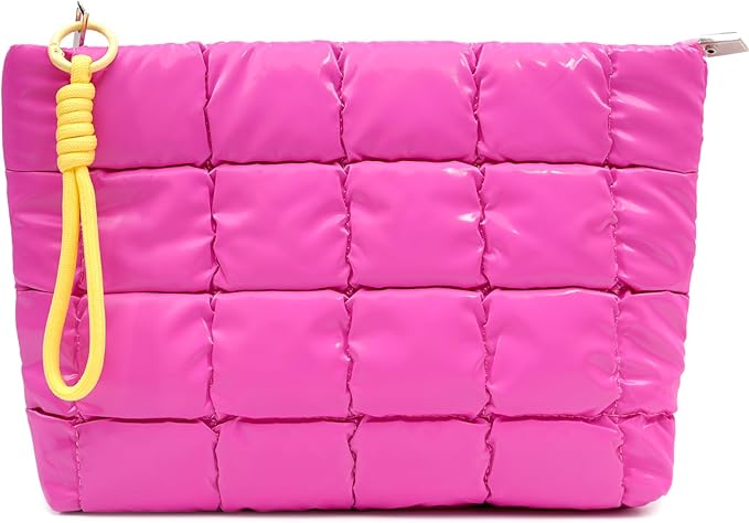 Puffer Quilted Makeup Bag Travel Cosmetic Bag Portable Puffy Checkered Toiletry Pouch Skincare Organizer Purse Pencil Case (Hot Pink)