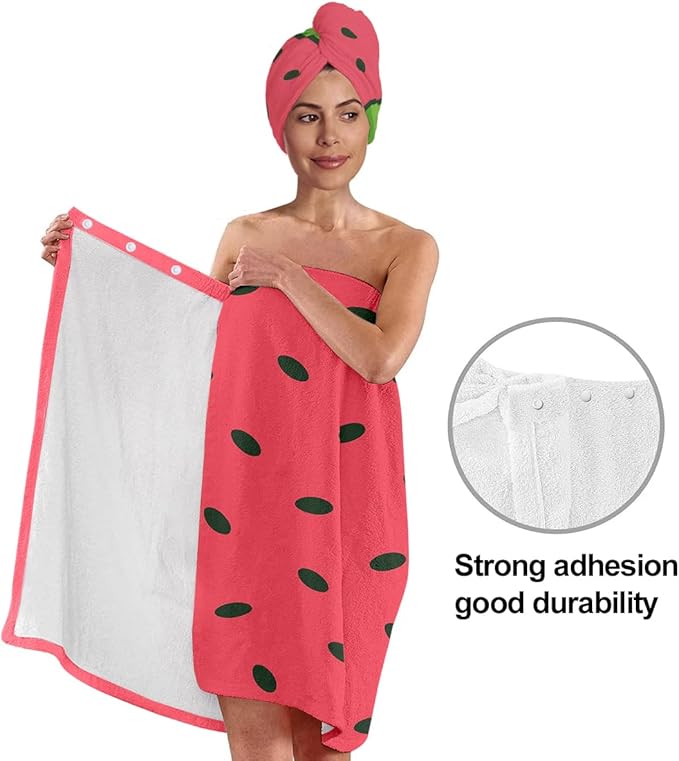 Watermelon Towel Wrap for Women with Hair Turban – Fruit Print Quick Dry Bath Skirt Set – Microfiber Adjustable Spa Shower Wrap with Elastic & Hook and Loop Closure – Dorm, Gym, Pool, Travel (W1)