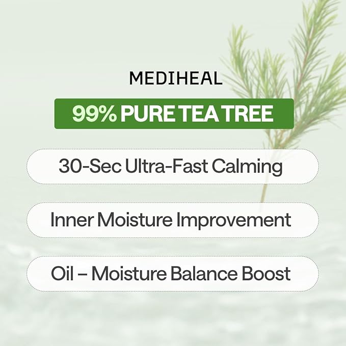 Mediheal Essential Face Mask [Teatree] Calming Moisutre 10 pcs. with 99% Purity Teatree for Intensive Soothing, Deep Hydration - suitable for acne-prone skin - Vegan Formula Korean Sheet Mask