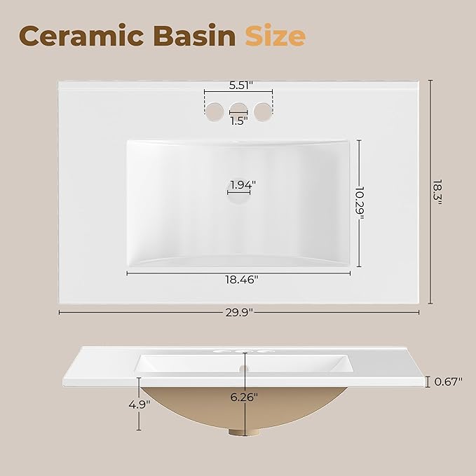 IRONCK 30" Bathroom Vanity with Ceramic Sink, Bathroom Storage Cabinet with Doors & Drawers & DIY Side Storage, Pedestal Sink Combo Set, White