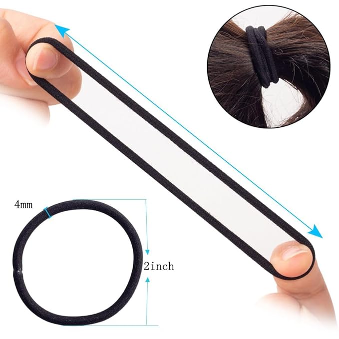100pcs Womens Elastics Hair Tie, 4MM Black Ponytail Holders Hair Bands, 2 Inch in Diameter Elastic Band for Medium to Thick Hair (4mm Black)