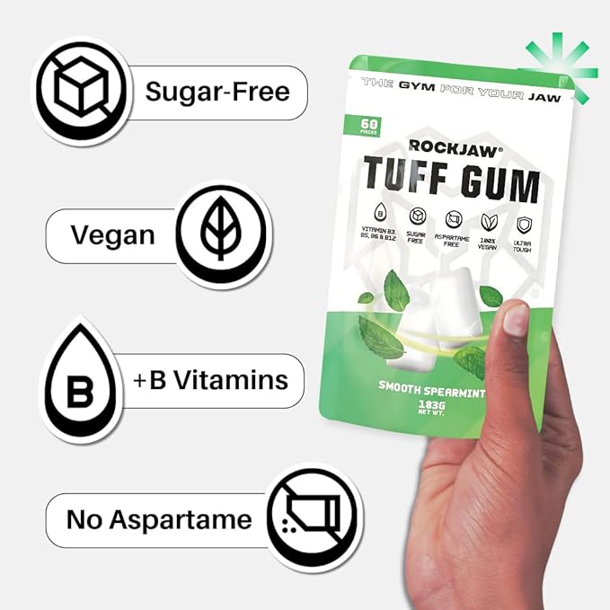 ROCKJAW® Tuff Gum | Ultra-Hard Jawline Chewing Gum for a Sharper Jawline | Vitamin B3, B5, B6 & B12 | 1350mg Xylitol | Sugar-Free | Aspartame-Free | 60 Pieces | Smooth Spearmint