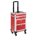 mefeir Aluminum Rolling Makeup Train Case, Portable Makeup Organizer Suitcase, Cosmetic Storage Box, Travel Beauty Luggage Trolley Lockable w/4 Removable Wheels & 2 Sliding Drawers (Red)