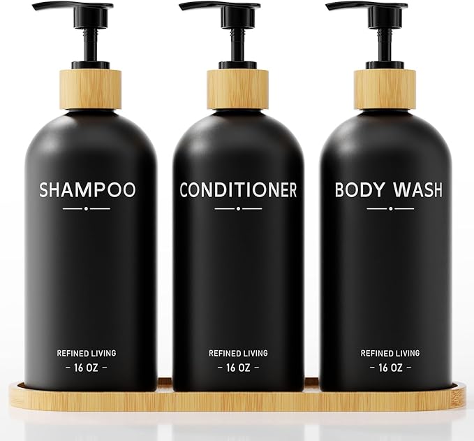 Shampoo and Conditioner Dispenser Set,Shower Soap Dispenser for Bathroom,Refillable Shampoo and Conditioner Bottles with Bamboo Pump and Tray,Soap Dispenser Bathroom for Shower (Black, 3-Pack)