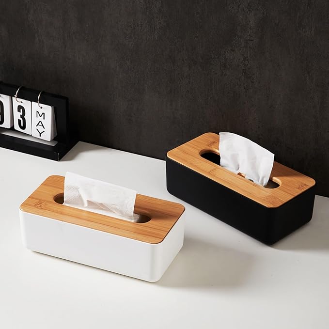 Tissue Box with Bamboo Cover,Plastic Tissue Organizer,Bathroom Tissue Dispenser for Home,Bedroom,Office,Living Room,8.1×4.6×2.9 in (Black)