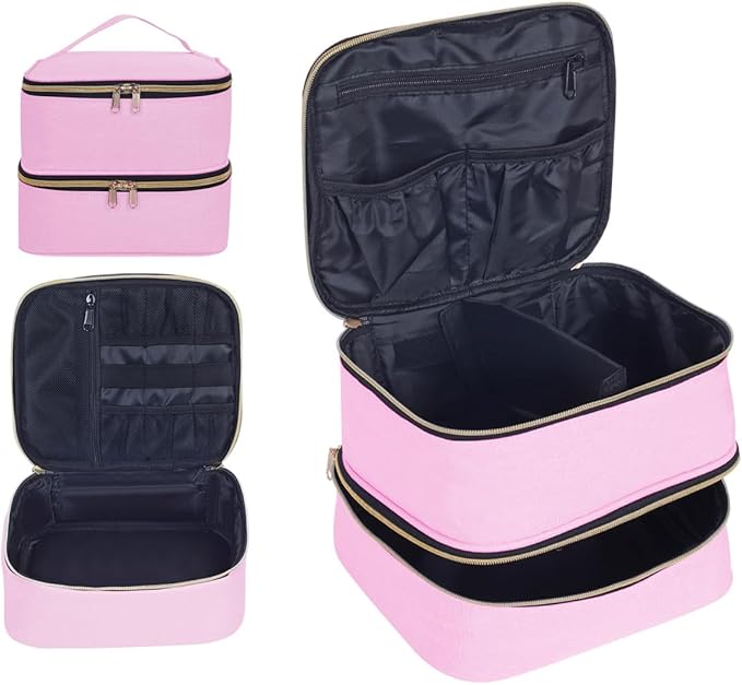Double Layer Makeup Bag Portable Large Cosmetic Case Organizer with Adjustable Dividers Storage Travel Bag for Accessories Brushes Conditioner and Skin Care Products (Pink Gold)
