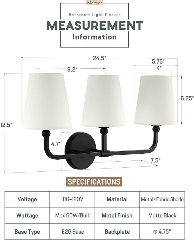 Bathroom Light Fixtures, 3-Light Matte Black Vanity Lights with Flared Beige Fabric Shade, Vintage Sconces Wall Lighting for Hallway Bedroom, VL837-MB-B-3