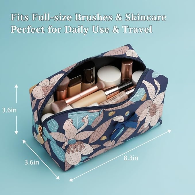 Floral Quilted Cotton Makeup Bag for Women, Large Capacity Travel Cosmetic Pouch with Zipper, Cute Toiletry & Brush Organizer, Kawaii Makeup Storage Case – Navy Big Floral