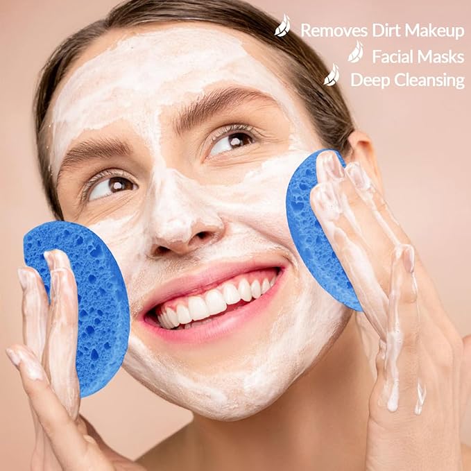 100-Count Facial Sponges Compressed Natural Cellulose Sponge Round Shape Face Sponge for Face Cleansing Exfoliating and Makeup Removal, Blue