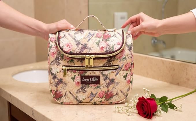 Emma & Chloe Large Cosmetic Case Makeup Organizer, Toiletry Bag for Women | 4 Section Waterproof Travel Make Up Organizing Bags (Pretty in Paris)