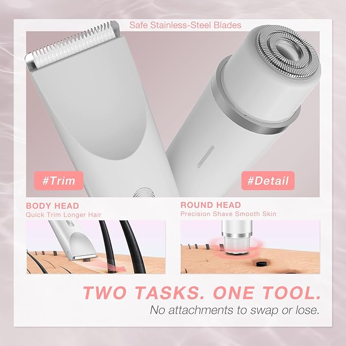 Bikini Trimmer for Women, Dual-Head Electric Body Hair Trimmer for Sensitive Areas, IP67 Waterproof Rinsable, USB-C Rechargeable Groomer for Bikini Line, Underarms, Legs & Face (Pure White)