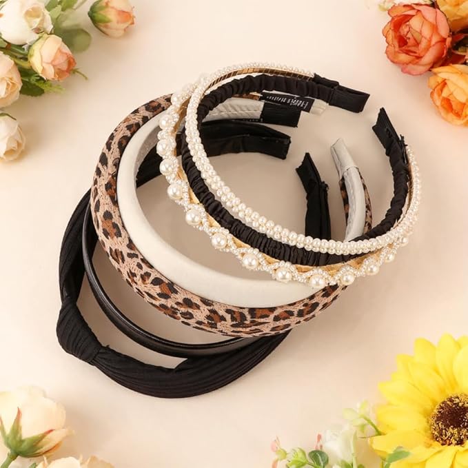 AHONEY 7 Pack Black Headbands for Women Cheetah Print Leopard Headbands Non Slip Leather Hairbands Fashion Hair Accessories Multi-style Headband Pack Diademas Para Mujer