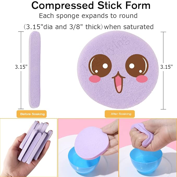 Facial Sponge Compressed,60 Pcs PVA Professional Makeup Removal Wash Round Face Sponges Spa Pads Exfoliating Cleansing for Women,Blue,Purple