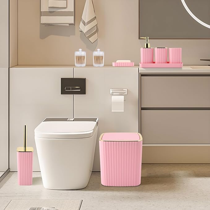 Pink Bathroom Accessories Set - Gorgeous Bathroom Set, 10PC Bathroom Accessory Set, Toilet Brush, Trash Can, Qtip Holder & Soap Dispenser