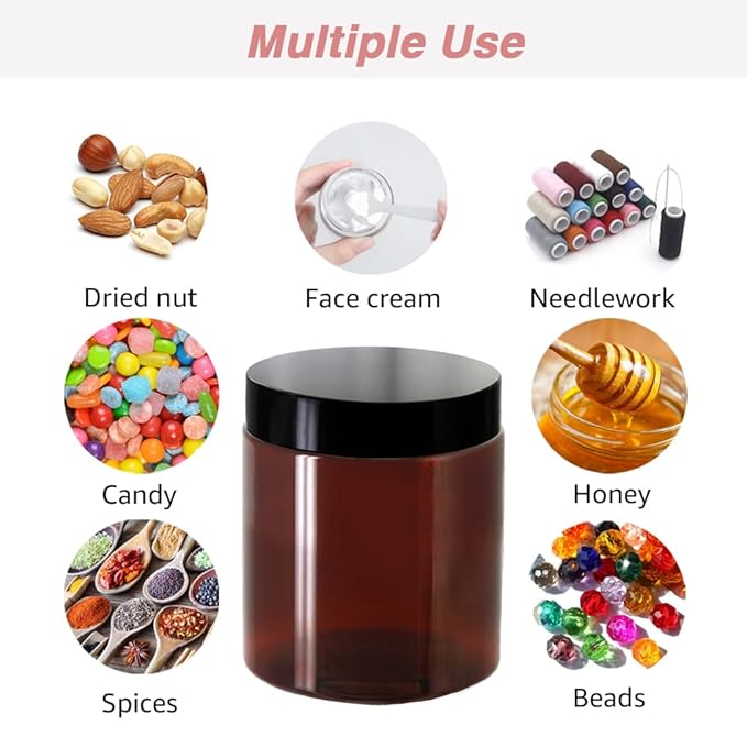 8oz Amber Plastic Jars with Lids 8 oz Plastic Containers with Lids + 20g Sample Containers (Set of 24) Airtight Container for Lip Scrub, Body Butters, Cream, Slime, Craft Storage