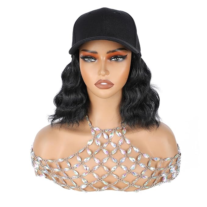 GUOJIAN Hat Wigs for Women 6' Short Wave Baseball Cap Wigs with Curly Hair Extensions Synthetic Wave Wig Adjustable Hat with Hair Attached for Daily Use (1B, 6inch)
