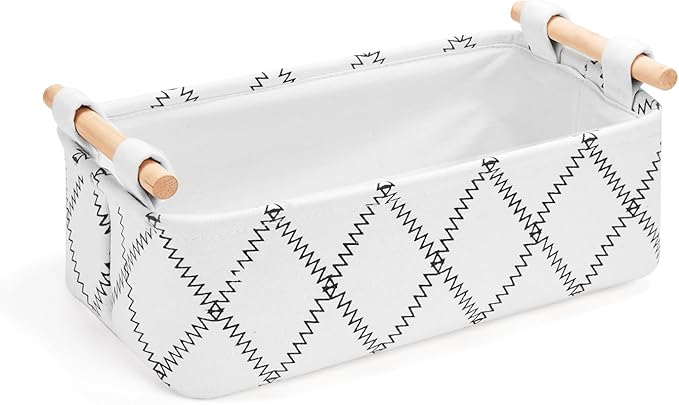Toilet Tank Basket for Bathroom Storage - Holds 2-4 Toilet Paper Rolls, Small Decorative Basket with Wood Handles, Collapsible Organizer for Countertop, Shelf, Boho Home Décor, 14"x6.3"x3.9", White