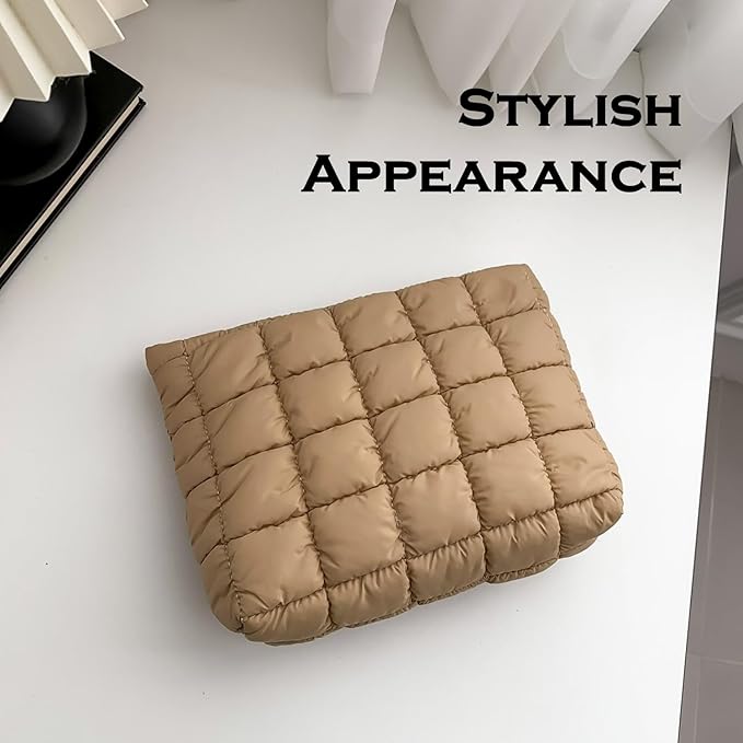 Puffy Quilted Makeup Bag for Women, Cosmetic Bag, Travel Toiletry Organizer Pouch Clutch (brown)