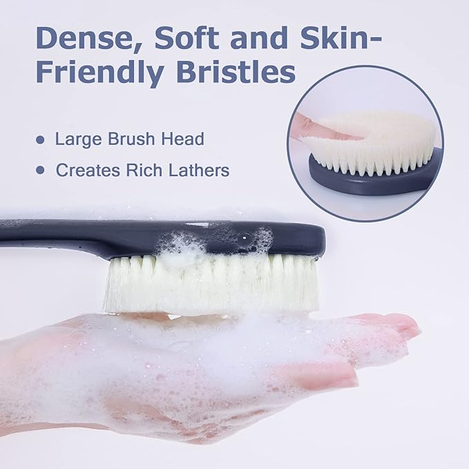 Body Back Scrubber – 17'' Long Handle Shower Brush, Durable Exfoliator for Dry & Wet Use, Deep Cleansing & Gentle Exfoliation for Smooth Skin – for Men, Women & Elderly (Navy Blue)
