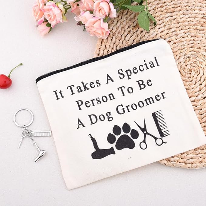 Dog Groomer Makeup Bag for Dog Hairdresser Brithday Valentines Day Gifts for Her Him Dogs Mom Dad Canvas Storage Bags with Hairdresser Keychain Dogs Hair Stylist Travel Toiletry Bag with Zipper