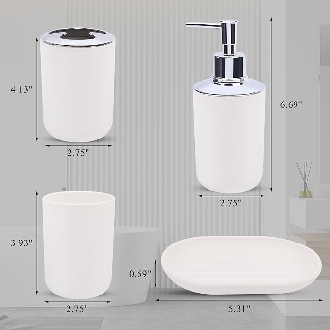 4 Piece Bathroom Accessories Set, Plastic Bathroom Accessory Set, Toothbrush Holder, Toothbrush Cup, Soap Dispenser, Soap Dish, White