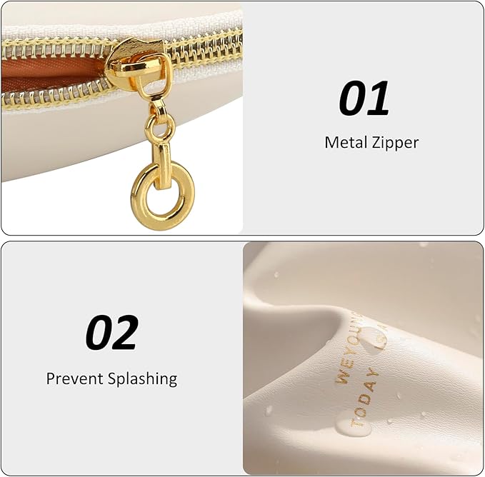 Small Makeup Bag Travel Cosmetic Bag Toiletry Zipper Pouch Make Up Organizer Bag with Handle Purse for Women Soft PU Leather Skincare Case (S01-Beige)