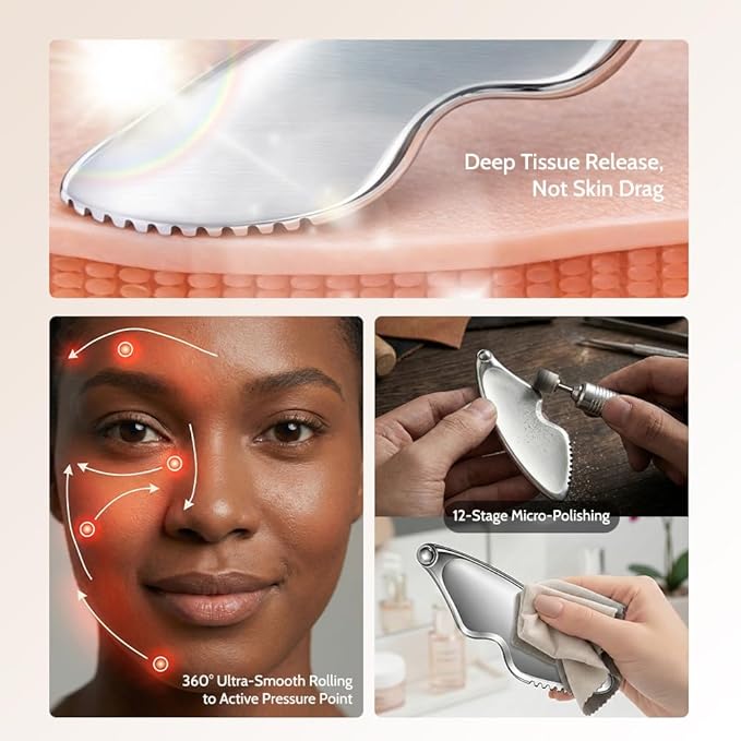 Gua Sha Facial Tools - Guasha Tool for Face and Body, Premium Metal Scraping Massage Tool for Lymphatic Drainage, Skin Rejuvenation, and Relaxation