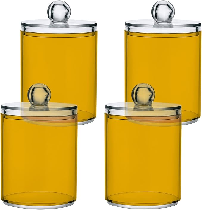 Mustard Yellow Qtip Holder Organizer Dispenser Cotton Swabs Cans Plastic Jars with Lid Set 4 Pack Bathroom Storage Canister for Cotton Ball Floss Cotton Pads